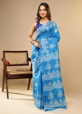 Blue Printed Pure Silk Saree Without Blouse Piece