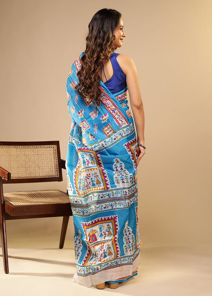Blue Printed Pure Silk Saree Without Blouse Piece