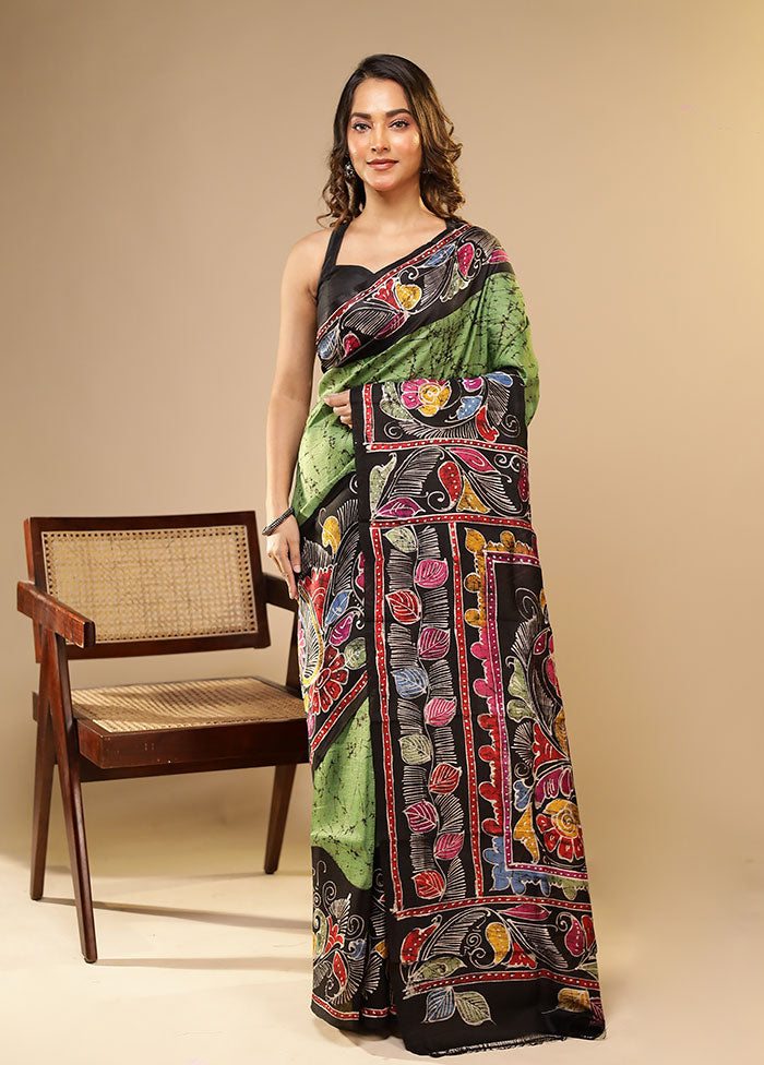 Green Printed Pure Silk Saree Without Blouse Piece
