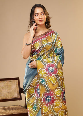 Blue Printed Pure Silk Saree Without Blouse Piece