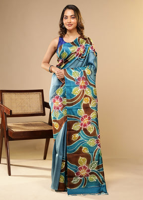 Blue Printed Pure Silk Saree Without Blouse Piece