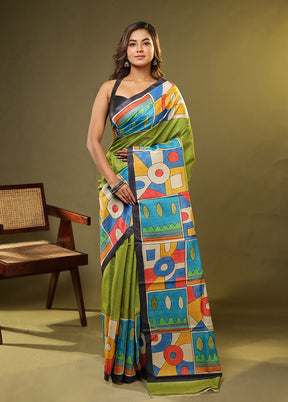 Green Printed Pure Silk Saree Without Blouse Piece