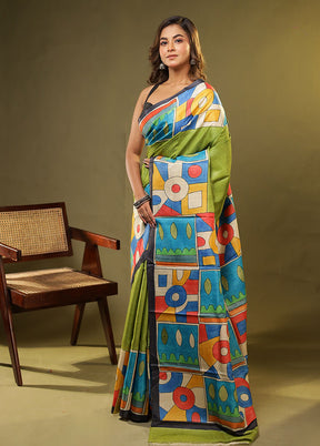 Green Printed Pure Silk Saree Without Blouse Piece