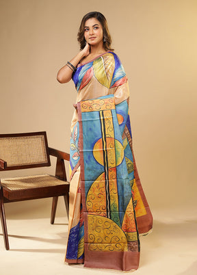Cream Printed Pure Silk Saree Without Blouse Piece