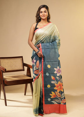 Blue Printed Pure Silk Saree Without Blouse Piece