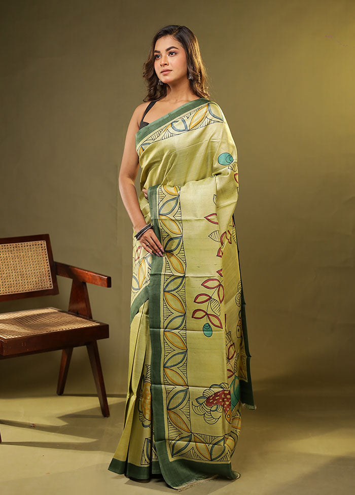 Green Printed Pure Silk Saree Without Blouse Piece