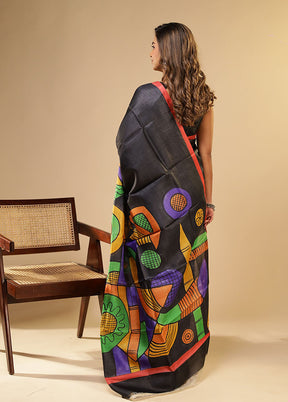 Black Printed Pure Silk Saree Without Blouse Piece