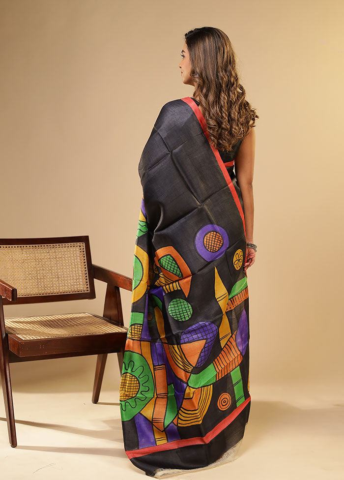 Black Printed Pure Silk Saree Without Blouse Piece
