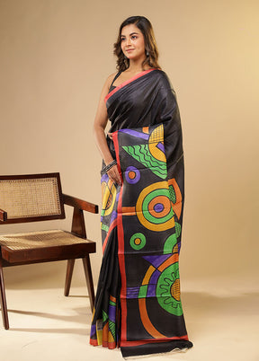 Black Printed Pure Silk Saree Without Blouse Piece