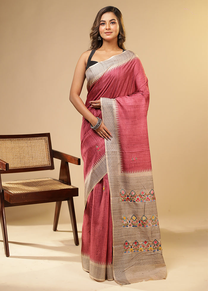 Pink Tussar Silk Saree With Blouse Piece