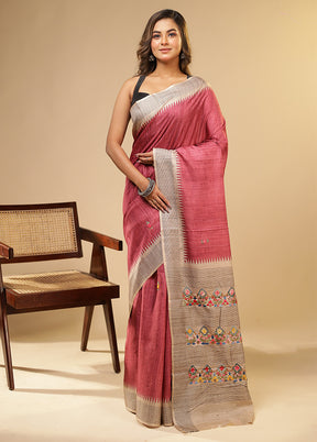 Pink Tussar Silk Saree With Blouse Piece