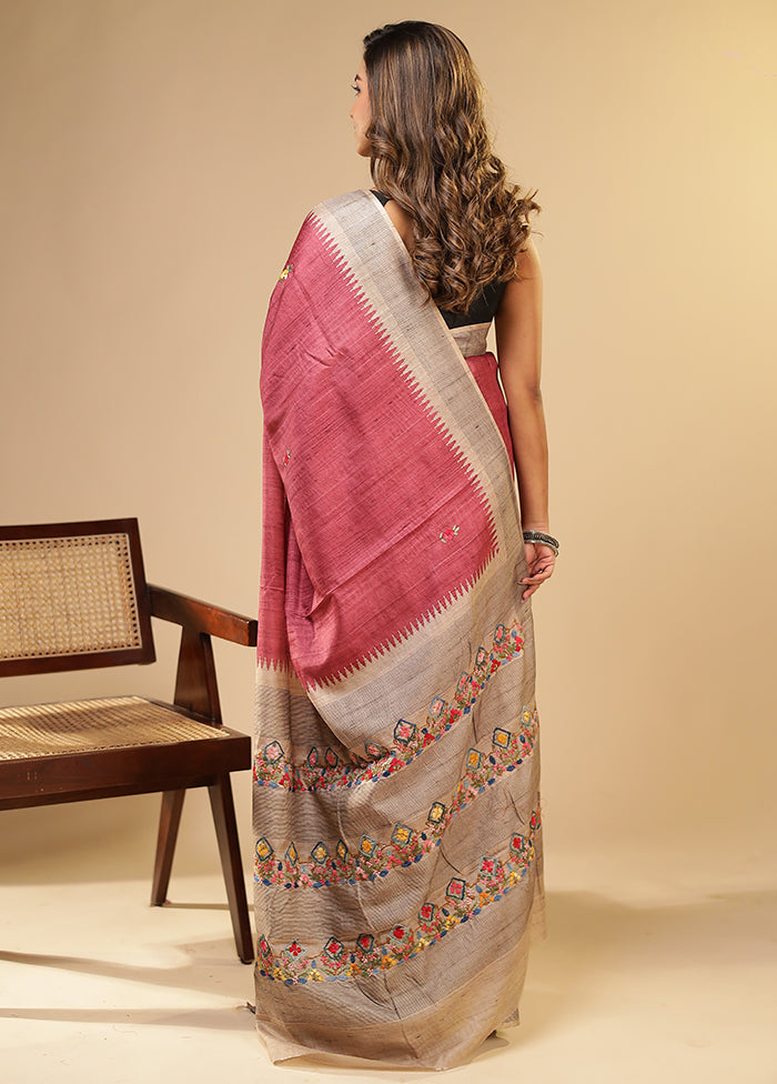 Pink Tussar Silk Saree With Blouse Piece