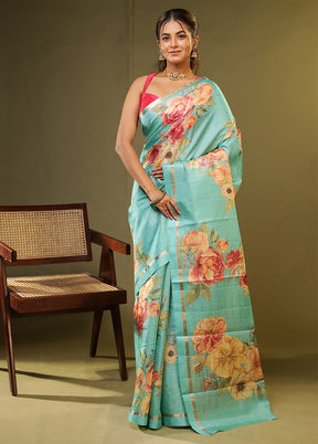 Green Handloom Tussar Pure Silk Saree With Blouse Piece