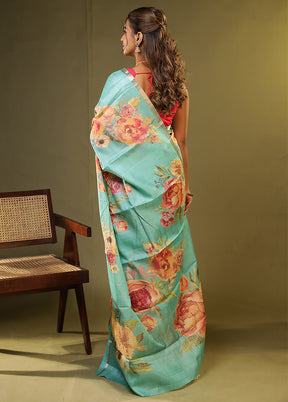 Green Handloom Tussar Pure Silk Saree With Blouse Piece