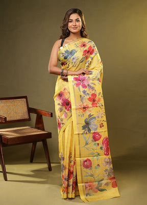 Yellow Handloom Tussar Pure Silk Saree With Blouse Piece