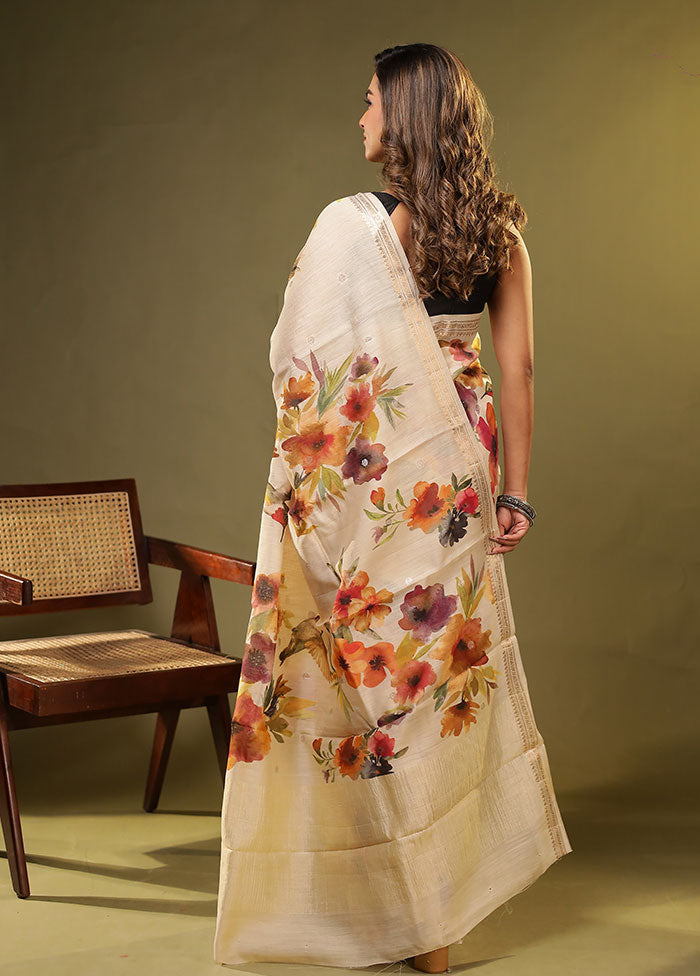 Cream Handloom Tussar Pure Silk Saree With Blouse Piece