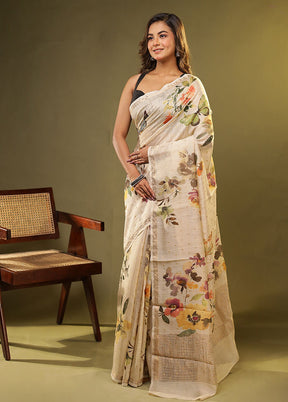 Cream Handloom Tussar Pure Silk Saree With Blouse Piece