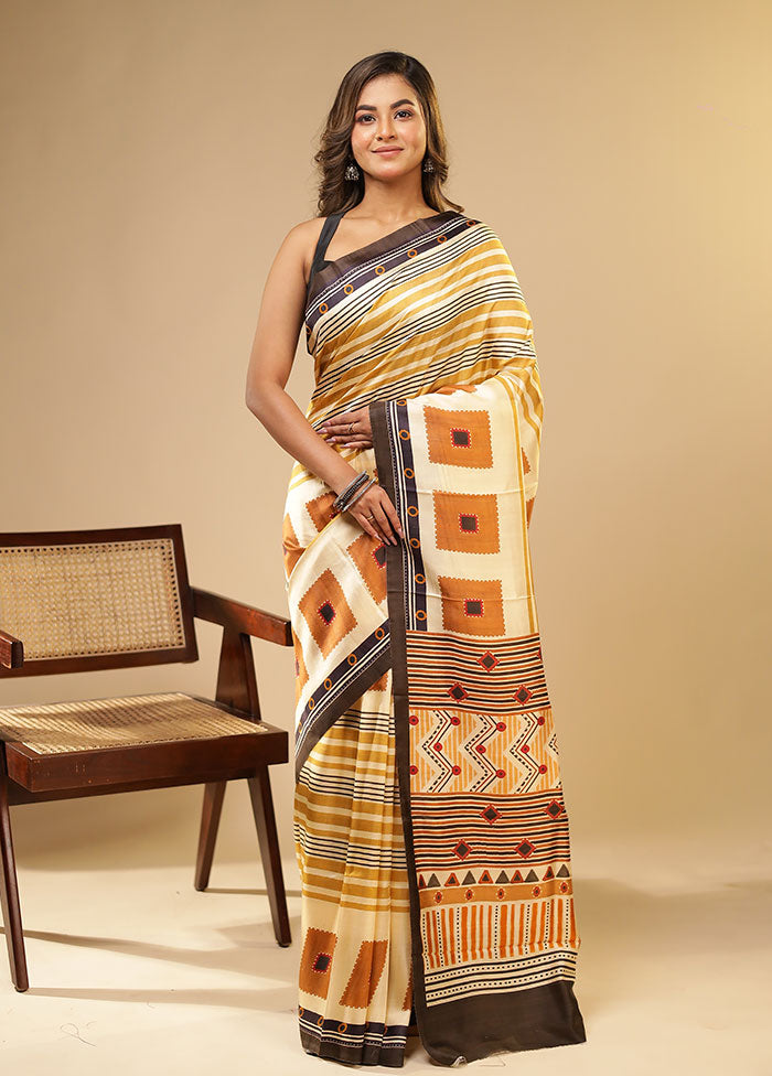 Cream Printed Pure Silk Saree Without Blouse Piece