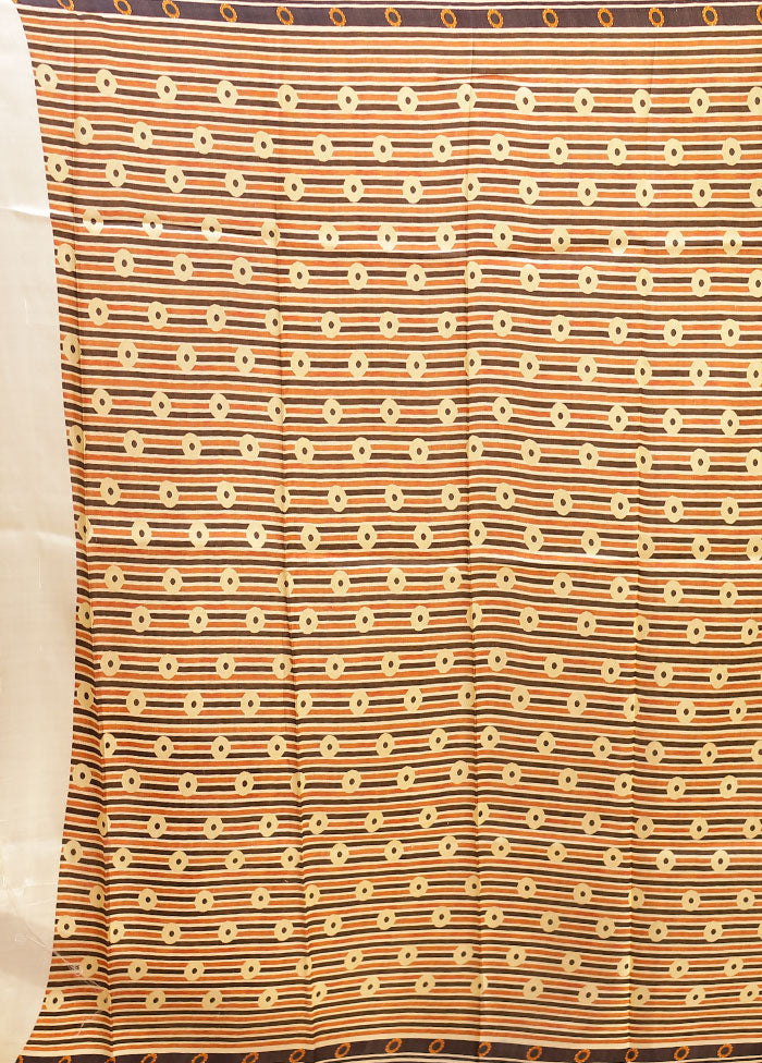 Cream Printed Pure Silk Saree Without Blouse Piece