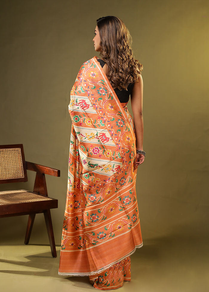 Cream Printed Pure Silk Saree Without Blouse Piece