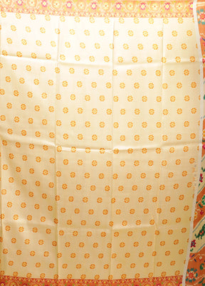 Cream Printed Pure Silk Saree Without Blouse Piece