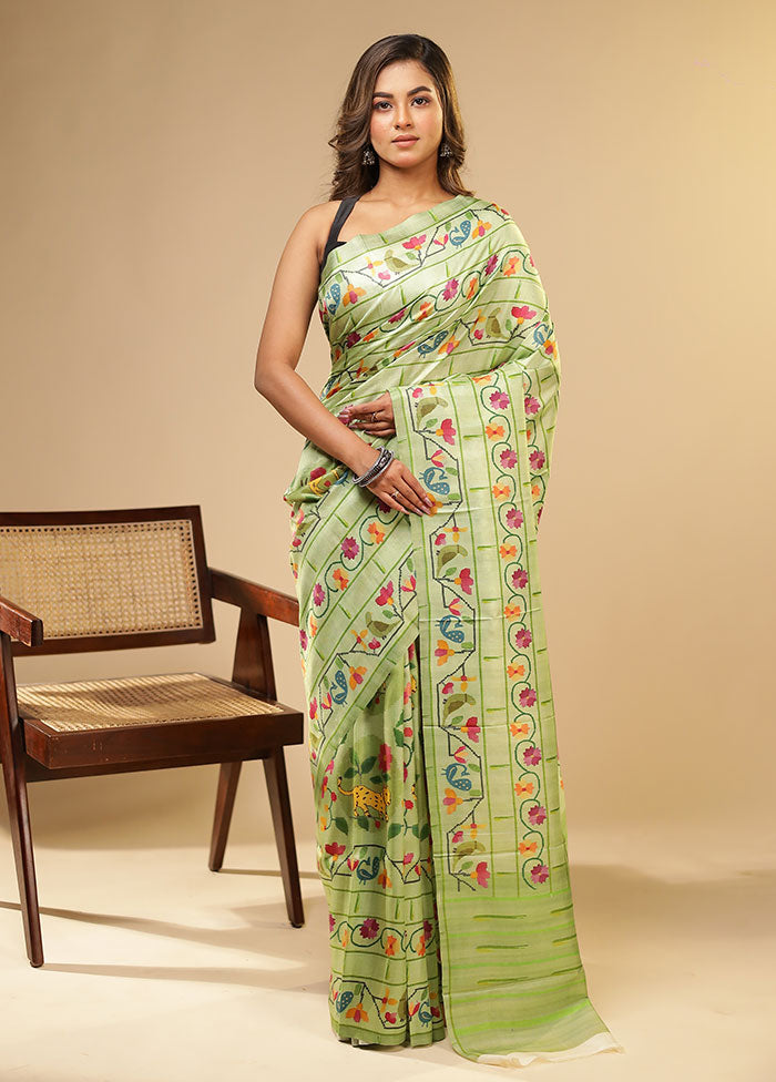 Green Printed Pure Silk Saree Without Blouse Piece