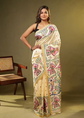 Cream Printed Pure Silk Saree Without Blouse Piece