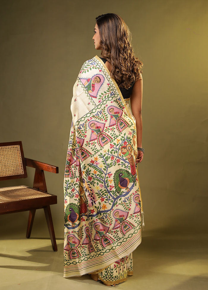 Cream Printed Pure Silk Saree Without Blouse Piece