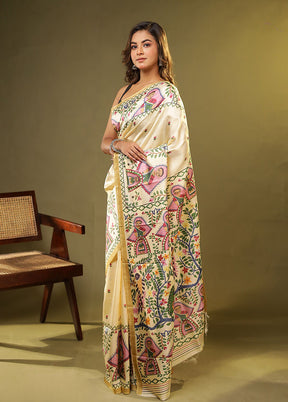 Cream Printed Pure Silk Saree Without Blouse Piece