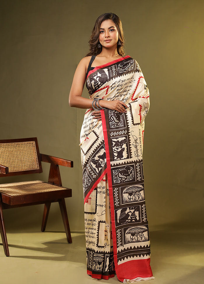 Cream Printed Pure Silk Saree Without Blouse Piece