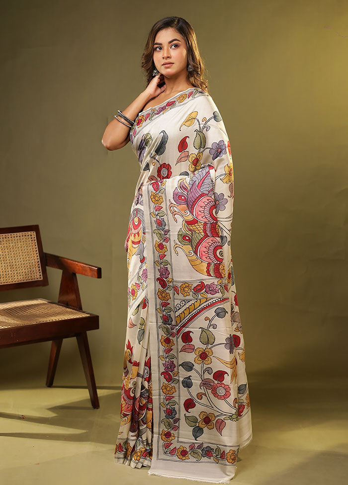 Cream Printed Pure Silk Saree Without Blouse Piece