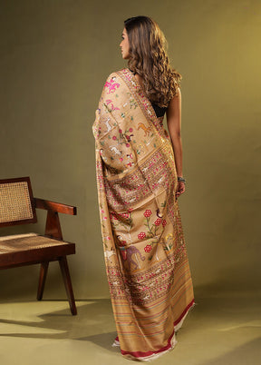 Cream Printed Pure Silk Saree Without Blouse Piece