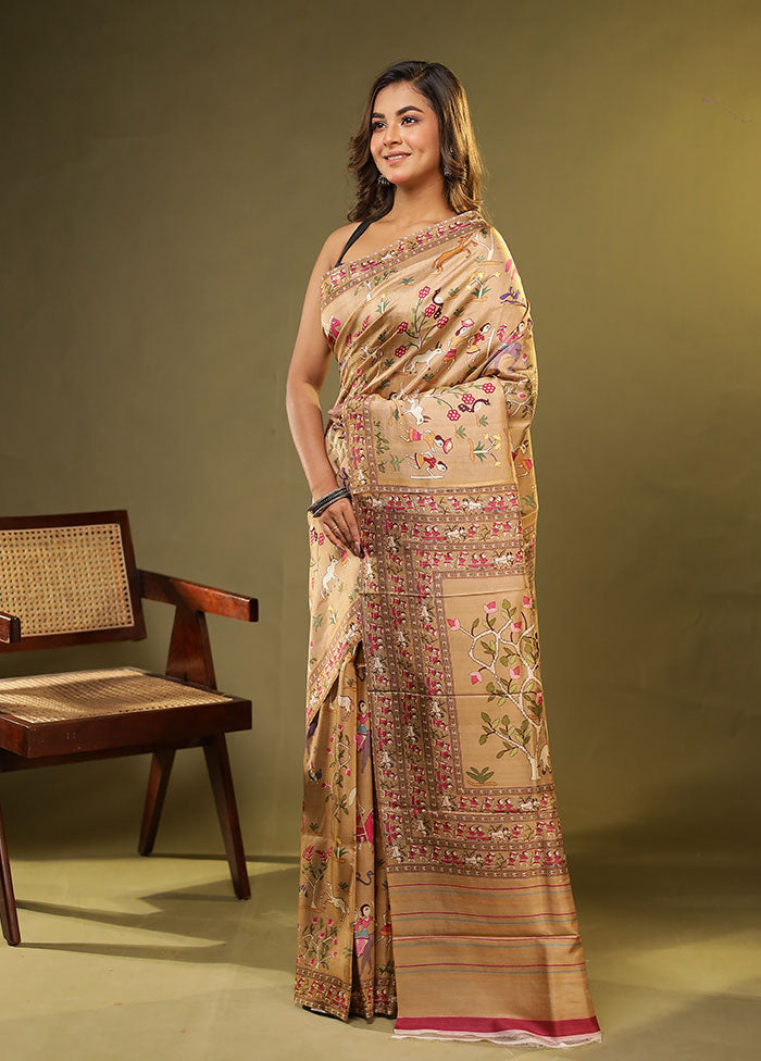 Cream Printed Pure Silk Saree Without Blouse Piece