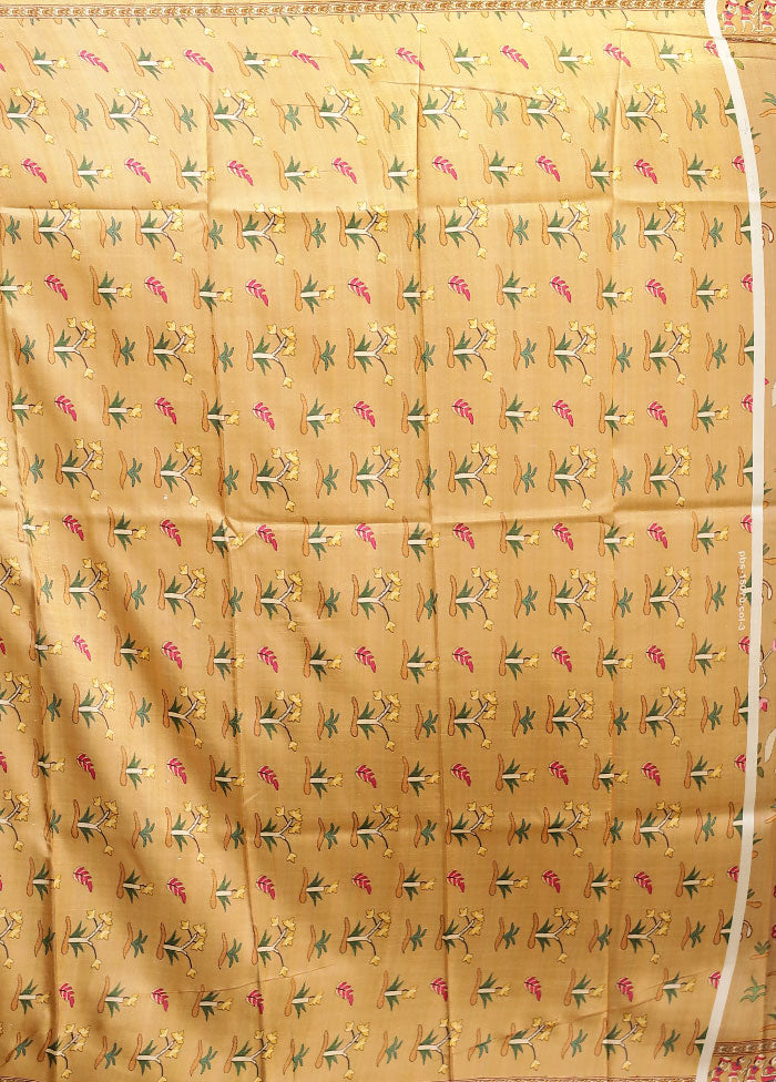 Cream Printed Pure Silk Saree Without Blouse Piece