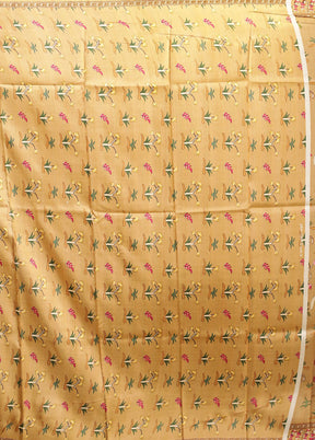 Cream Printed Pure Silk Saree Without Blouse Piece