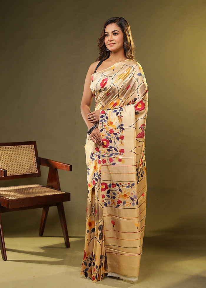 Cream Printed Pure Silk Saree Without Blouse Piece