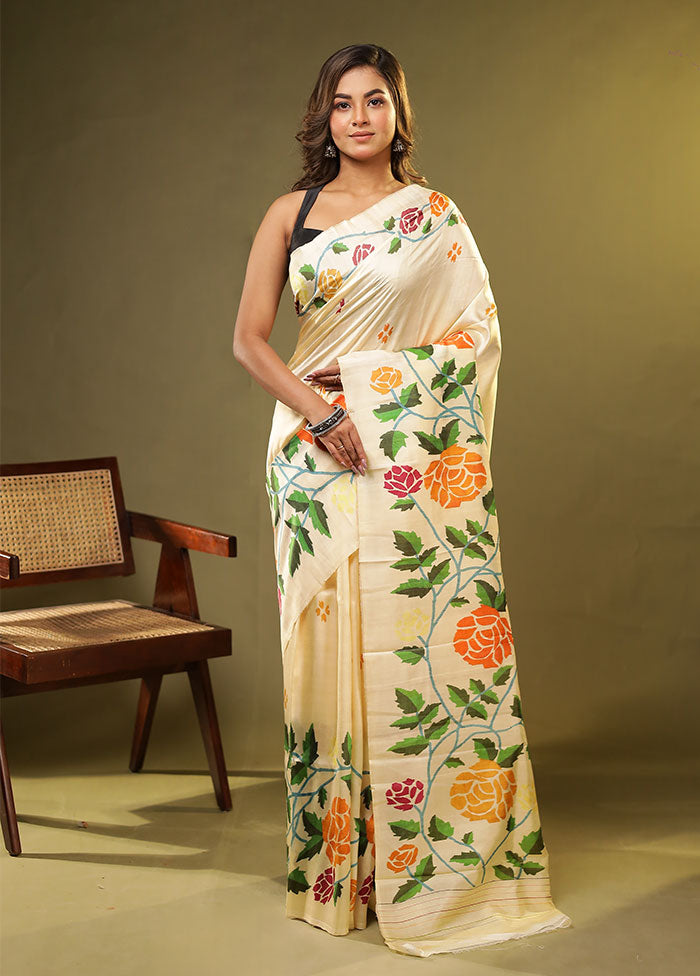 Cream Printed Pure Silk Saree Without Blouse Piece