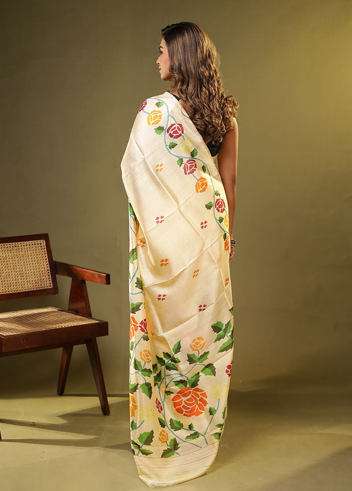 Cream Printed Pure Silk Saree Without Blouse Piece