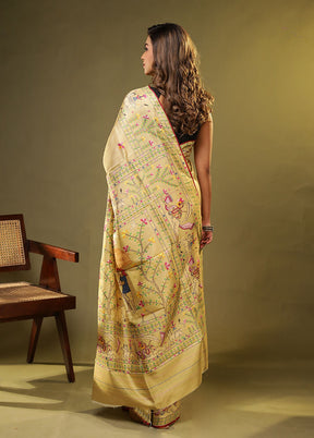 Cream Printed Pure Silk Saree Without Blouse Piece