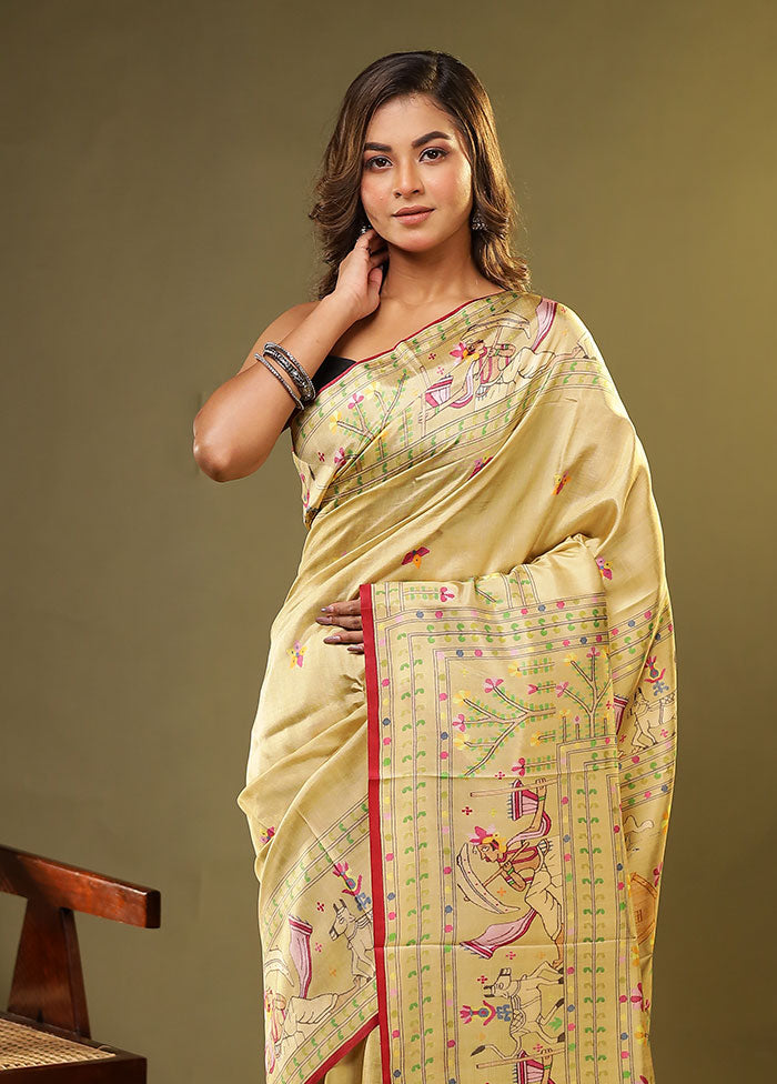 Cream Printed Pure Silk Saree Without Blouse Piece