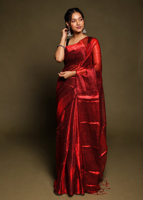 Maroon Tissue Silk Saree With Blouse Piece