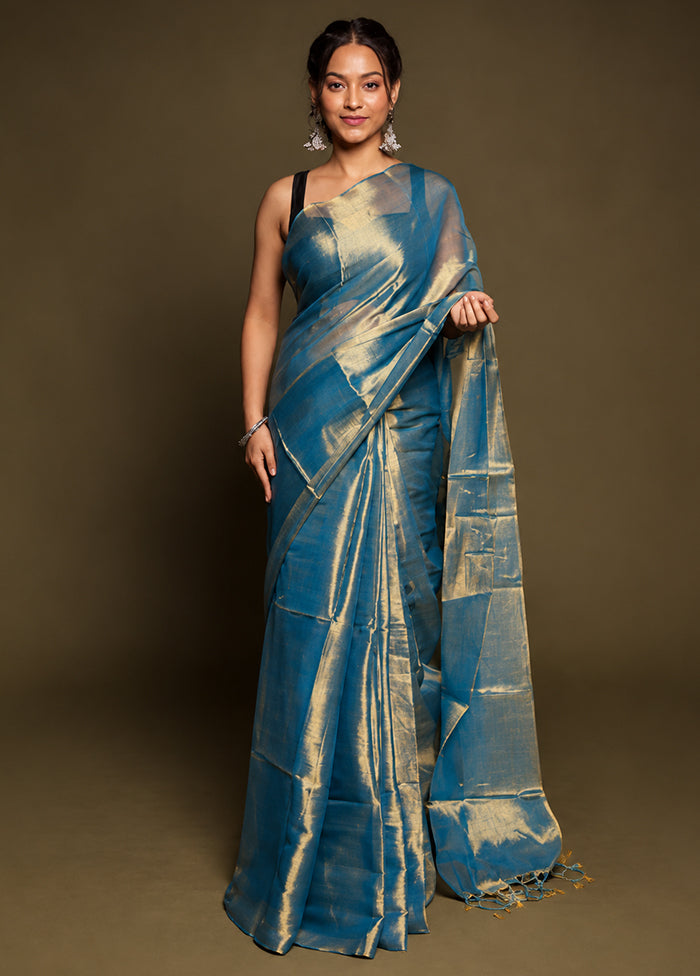 Blue Tissue Silk Saree With Blouse Piece