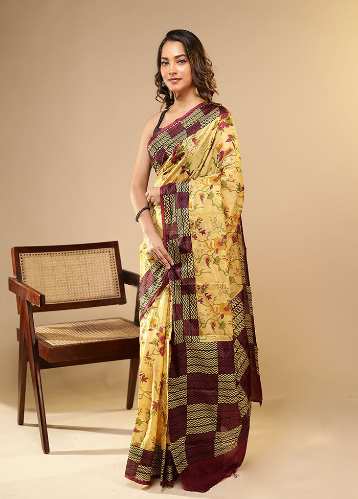 Cream Printed Pure Silk Saree Without Blouse Piece