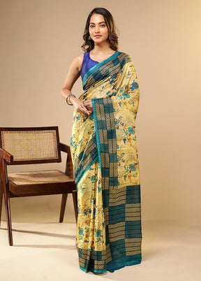 Cream Printed Pure Silk Saree Without Blouse Piece