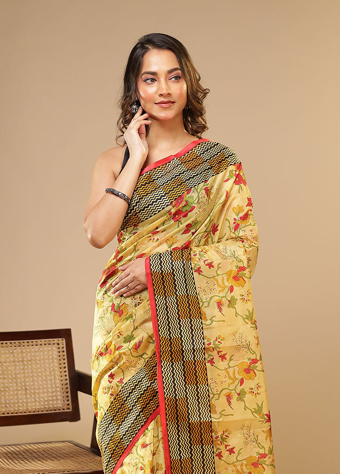 Cream Printed Pure Silk Saree Without Blouse Piece