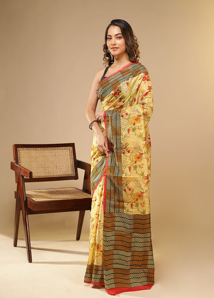 Cream Printed Pure Silk Saree Without Blouse Piece
