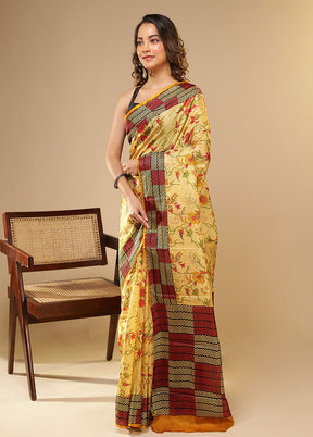 Cream Printed Pure Silk Saree Without Blouse Piece