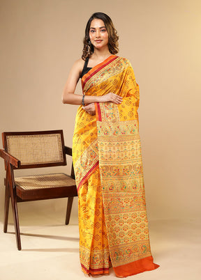 Yellow Printed Pure Silk Saree Without Blouse Piece
