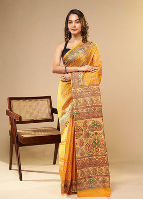 Yellow Printed Pure Silk Saree Without Blouse Piece