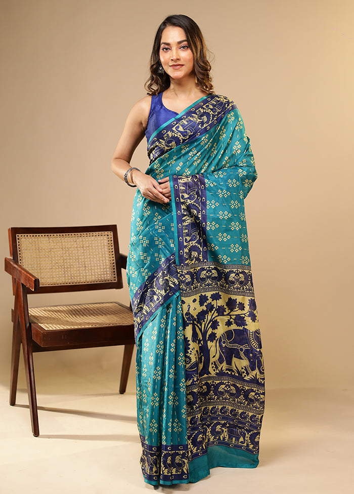 Blue Printed Pure Silk Saree Without Blouse Piece